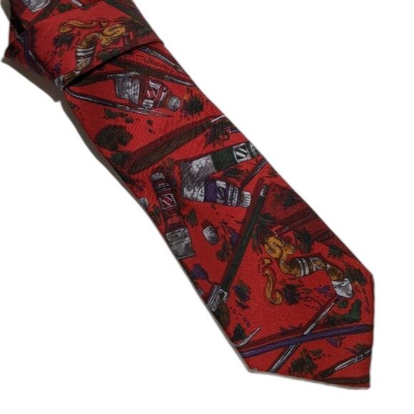 Perry Ellis Handmade All Silk Artists Red Tie Italy - Picture 3 of 6